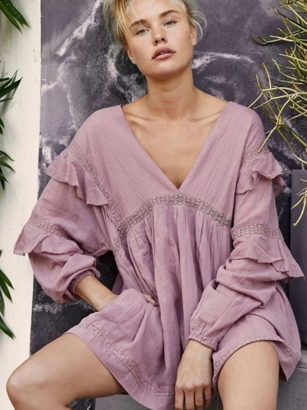 Free People V-Neck Ruffled Long Sleeve Tunic - Terracotta - Picture 2 of 3